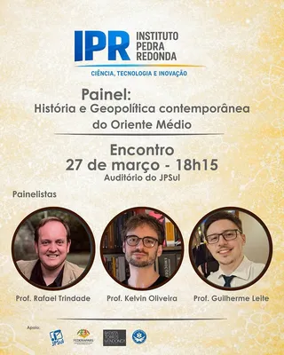 Card oficial do evento, em tom dourado, com as fotos dos três painelistas lado a lado.